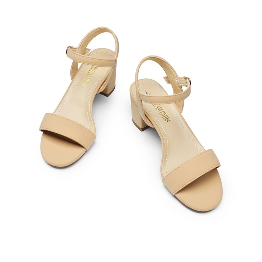 Ladies’ Open-Toe Chunky Strap Heels. Nude, Size 6.5. NEW.